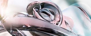Curvy, abstract glass sculpture of bronze and clear glass