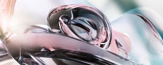 Curvy, abstract glass sculpture of bronze and clear glass