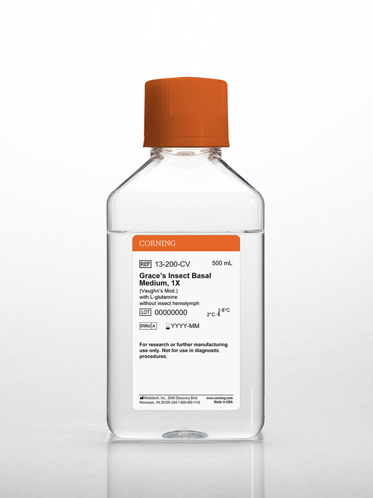Corning® 500 mL Graces Insect Basal Medium (Vaughn Mod.) [+] L-glutamine, [-] insect hemolymph