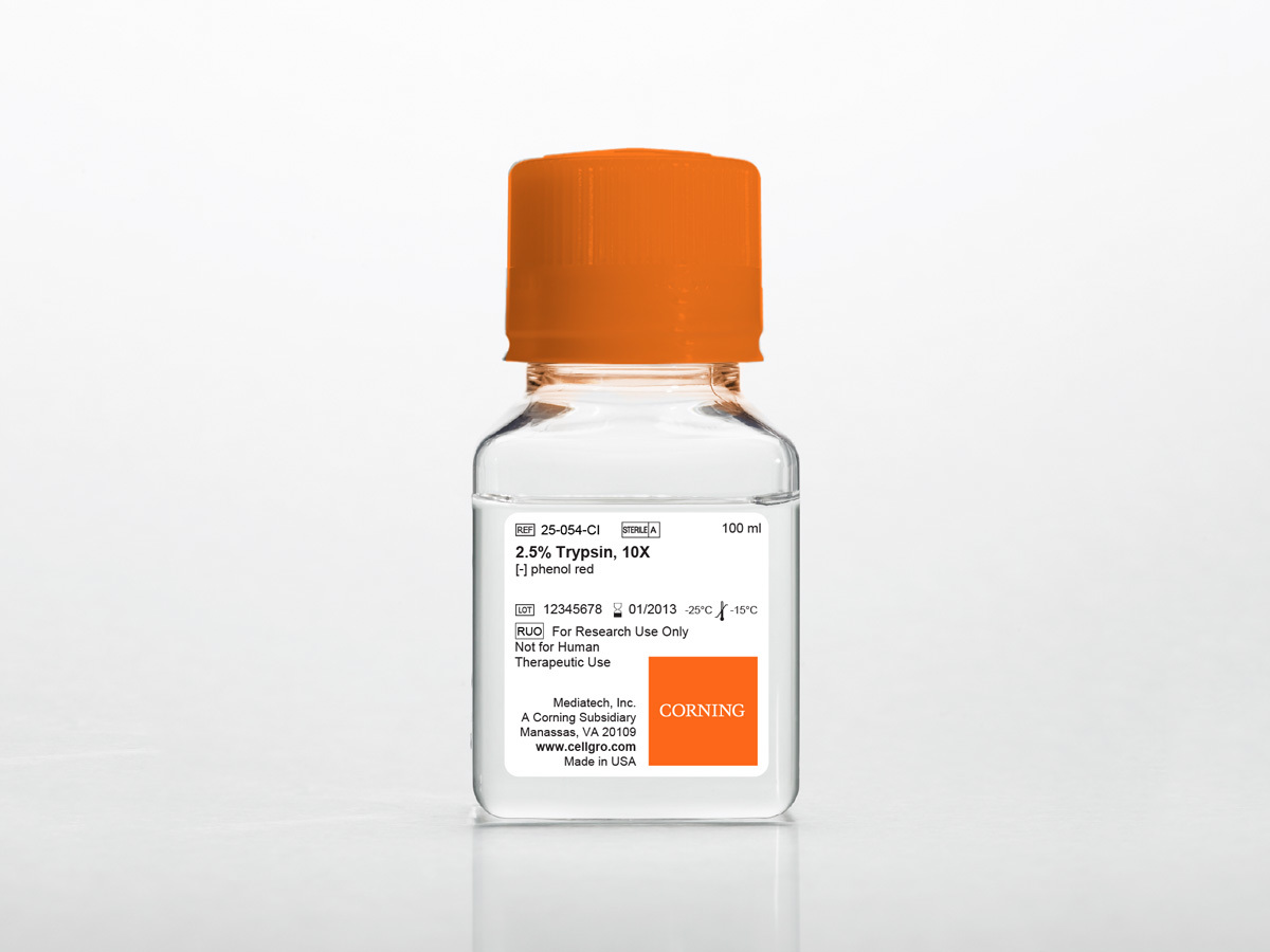 Corning® 100 mL胰蛋白酶10x,2.5%胰蛋白酶溶于HBSS中,不含钙、镁、酚红,经过猪细小病毒检测