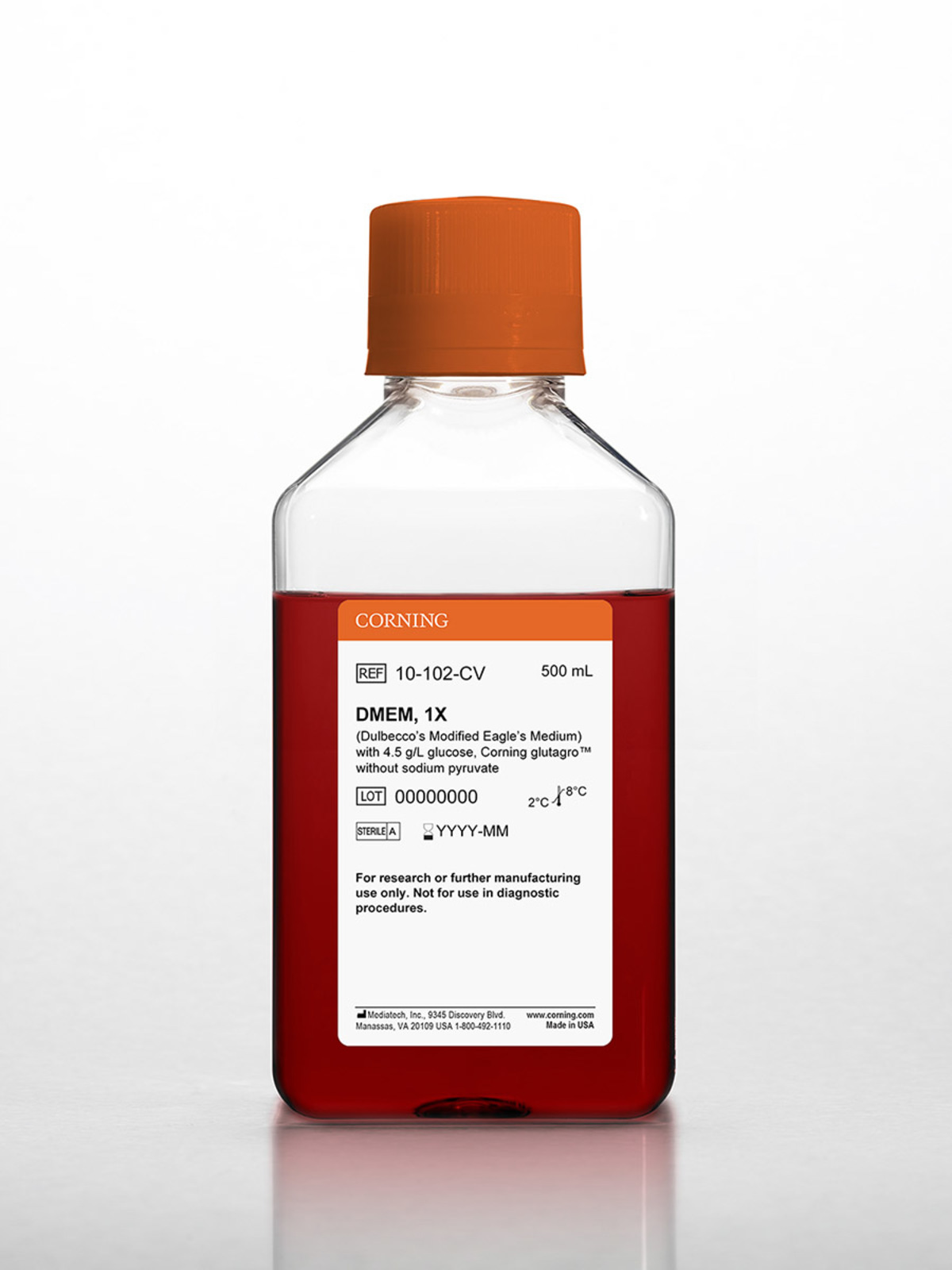 500 mL DMEM (Dulbecco's Modification of Eagle's Medium) with glutagro™, 4.5 g/L glucose, phenol red,