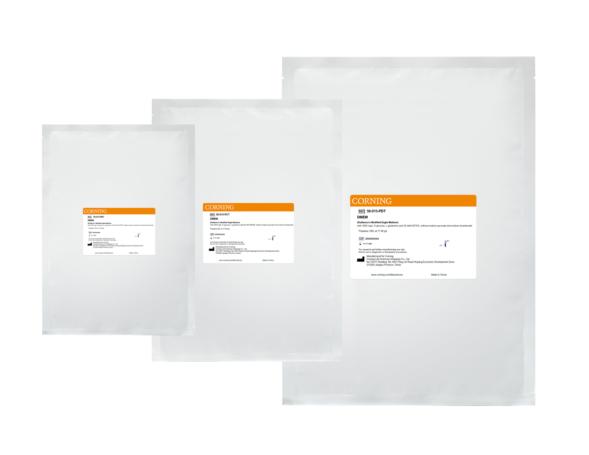 Corning® 50L DMEM, [+] 4500 mg/L D-glucose, L-glutamine, 25mM HEPES, [-] sodium pyruvate, sodium bicarbonate
