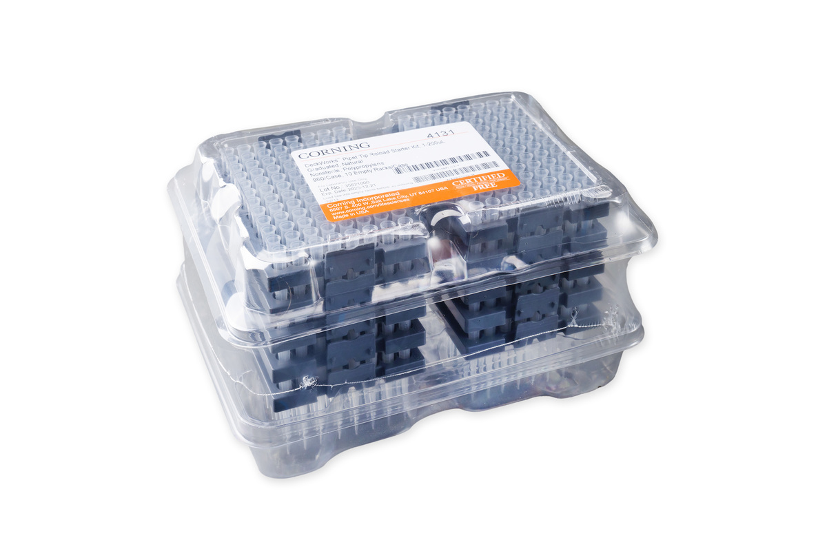Corning® DeckWorks 1 - 200 µL Pipet Tips, Graduated, Reload Starter Kit, Natural, Nonsterile, Polypropylene, 96 Tips/Deck, 10 Decks/Pack, 960 Tips/Pack, 1Pack/Case and 10 Empty Racks/Case