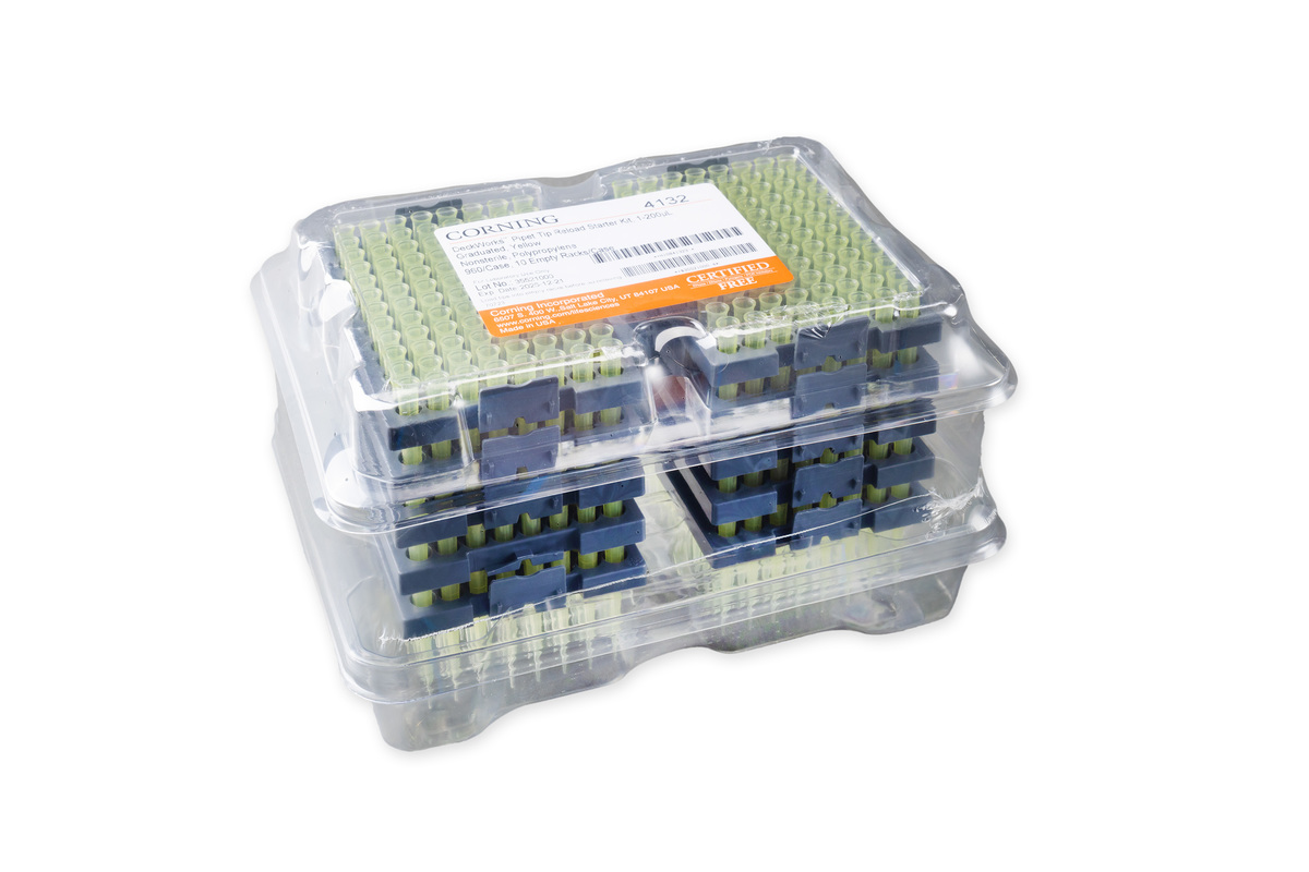 Corning® DeckWorks 1 - 200 µL Pipet Tips, Graduated, Reload Starter Kit, Yellow, Nonsterile, Polypropylene, 96 Tips/Deck, 10 Decks/Pack, 960 Tips/Pack, 1 Pack/Case and 10 Empty Racks/Case