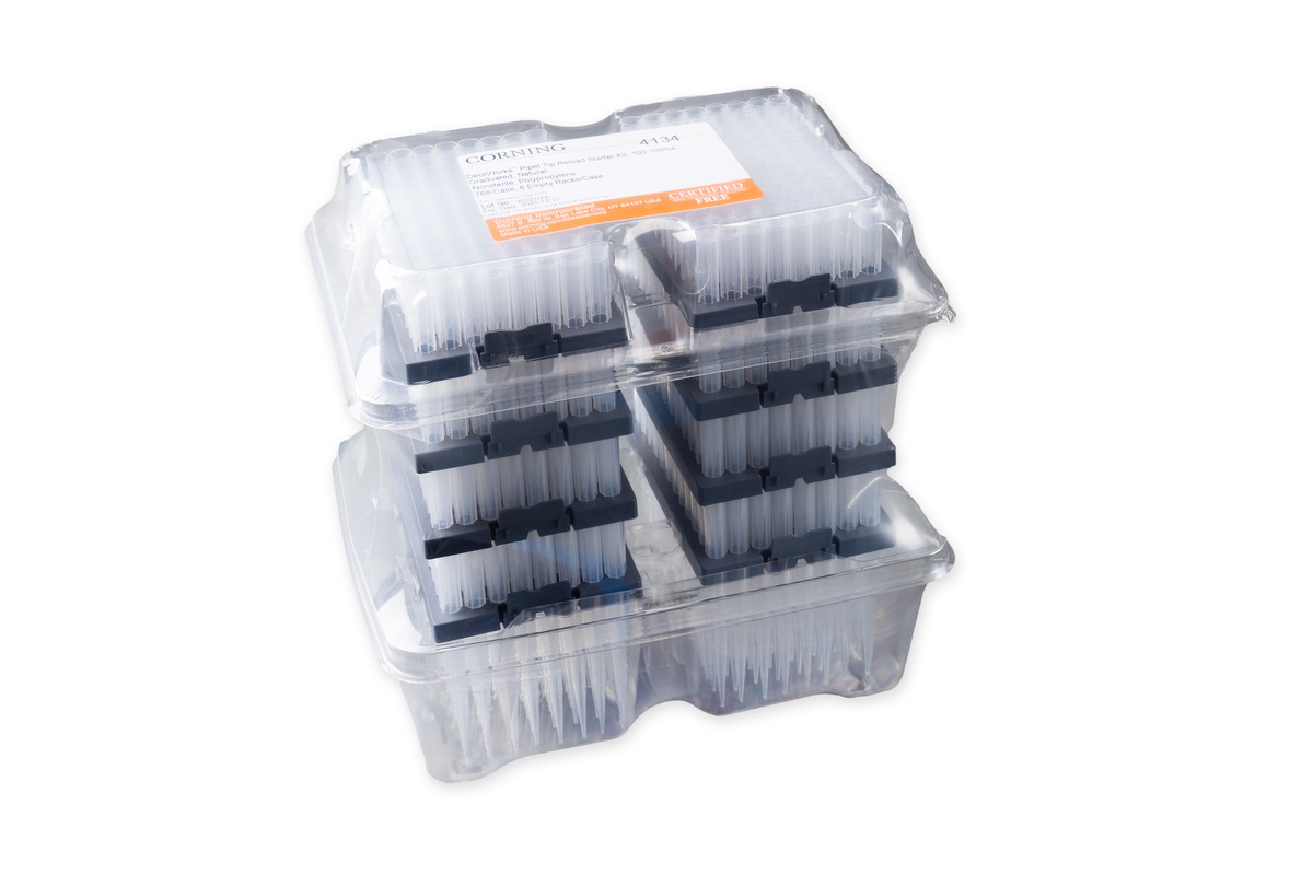 Corning® DeckWorks 1000 µL Pipet Tips (max working volume 1250 µL), Graduated, Reload Starter Kit, Natural, Nonsterile, Polypropylene, 96 Tips/Deck, 8 Reloads/Pack, 1 Pack/Case, 768 Tips/Pack, 768 Tips/Case and 8 Empty Racks/Case
