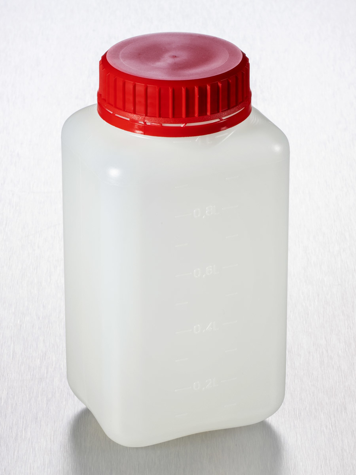 Corning® Gosselin™ Square HDPE Bottle, 1 L, Graduated, 55 mm Red Tamper-evident Cap with Wad, Non-assembled, 85/Case