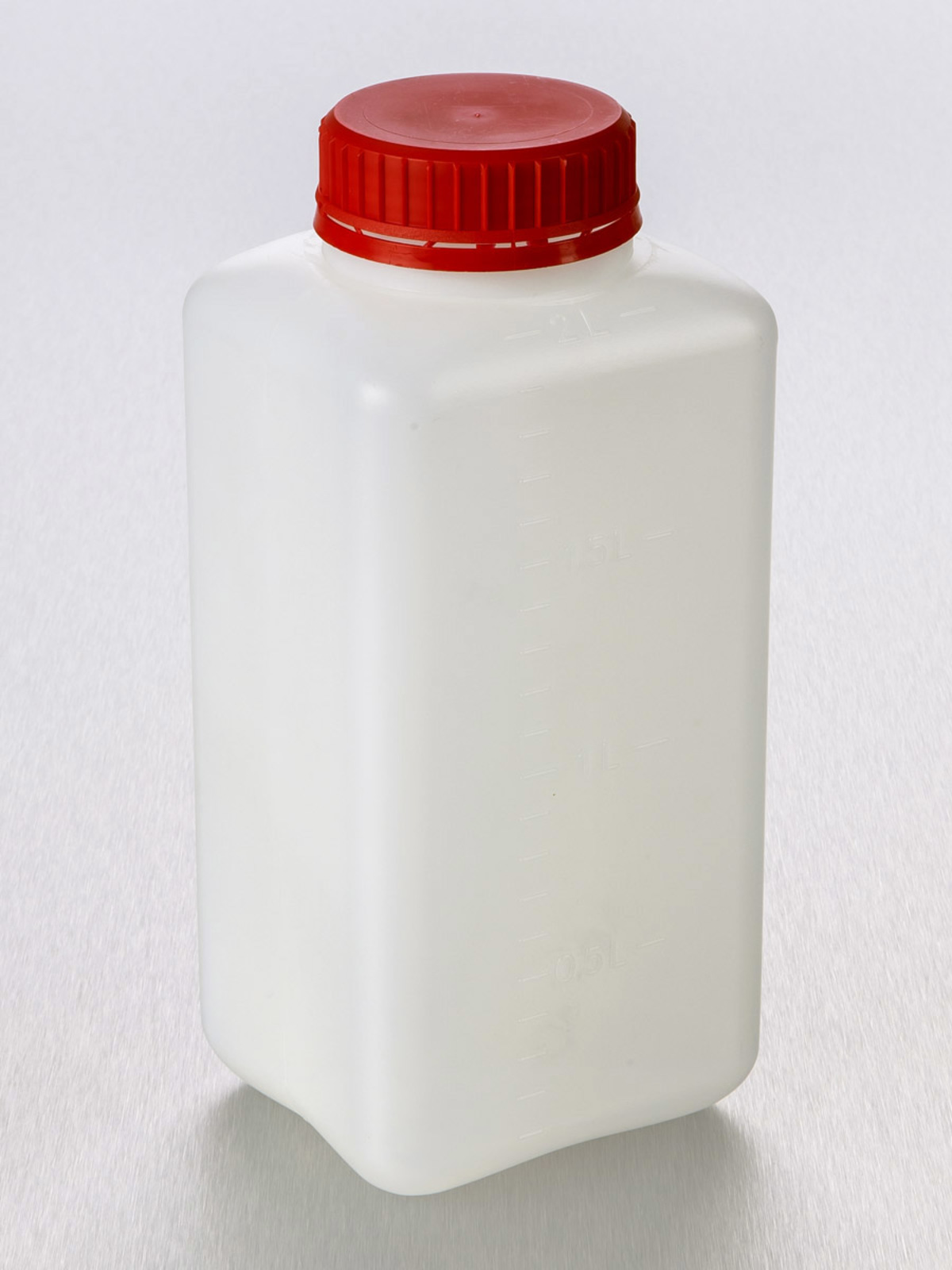 Corning® Gosselin™ 方形HDPE瓶,2 L,带刻度,58 mm带垫片红色防启封盖,未预装,50/箱