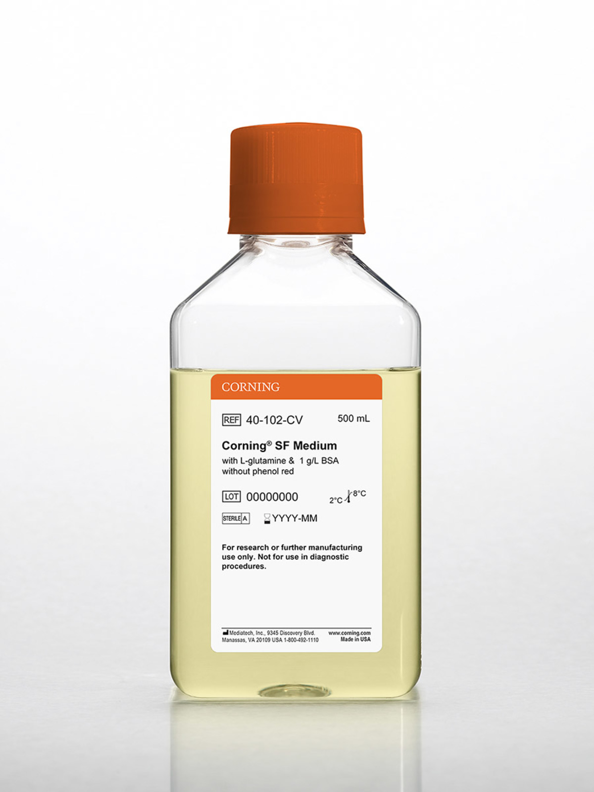 Corning® 500 mL SF Medium [+] L-glutamine, 1 g/L BSA, [-] phenol red