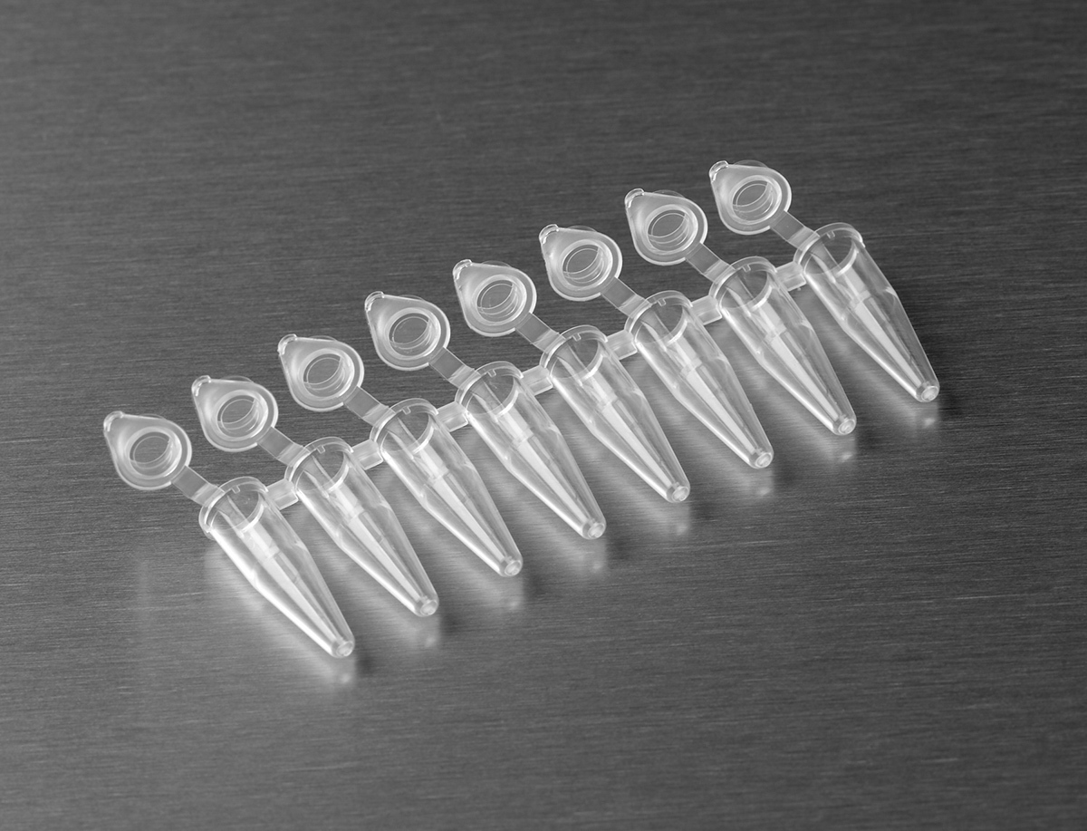 0.2ml Thin Wall Clear PCR Strip Tubes with individually attached flat strip caps, clear. Nonsterile