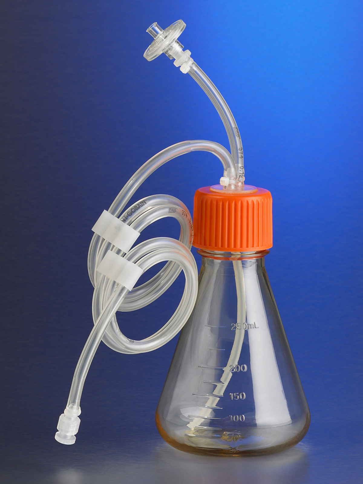 Corning® 250 mL Polycarbonate Erlenmeyer Flask with 1/8 Dip Tube, 0.2 µm Vent, Male Luer Lock, Sterile, 1/bag, 4/case