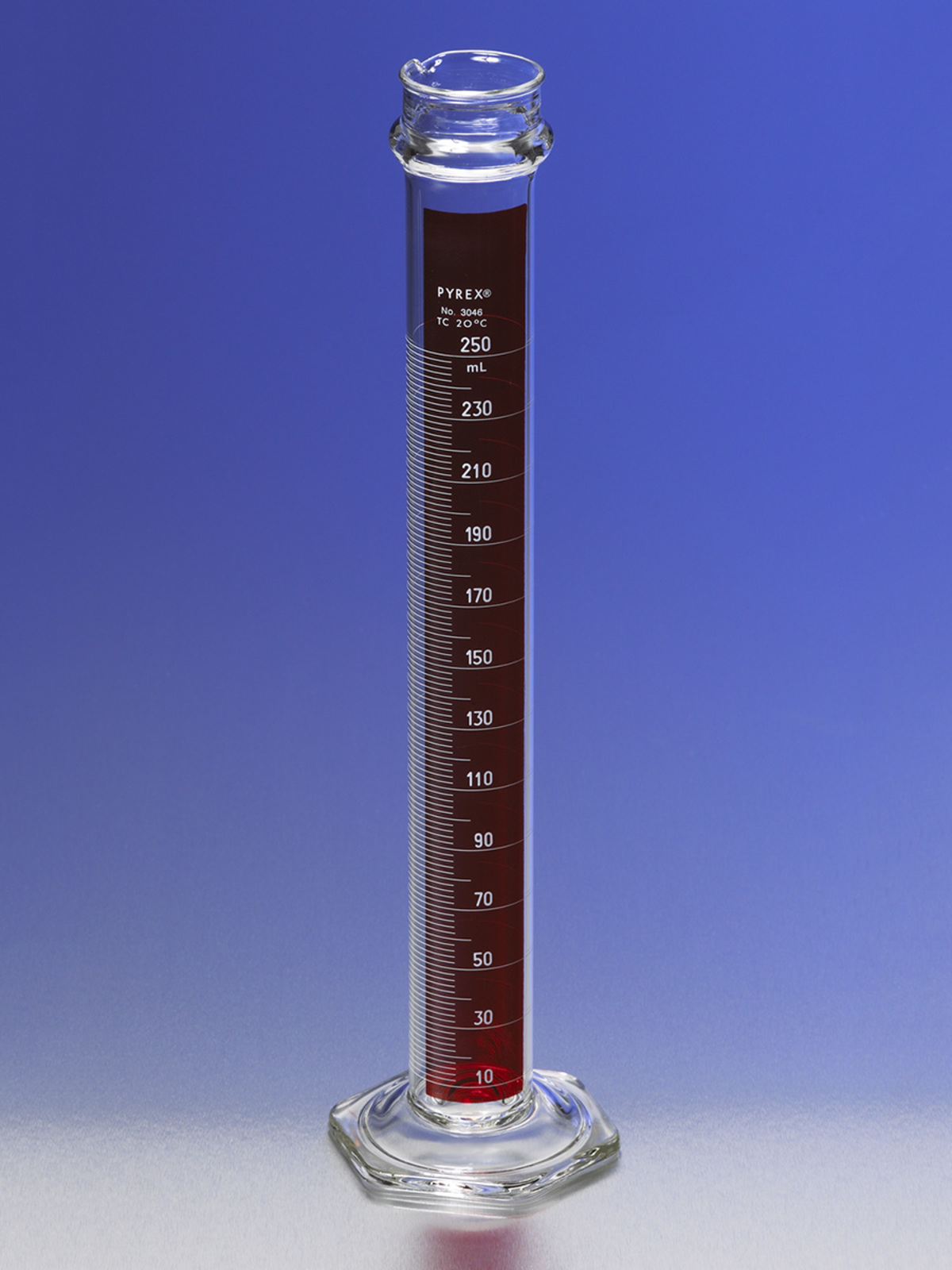 PYREX® 250 mL Single Metric Scale Cylinders, Reinforced Glass Bead, Lifetime Red™, TC
