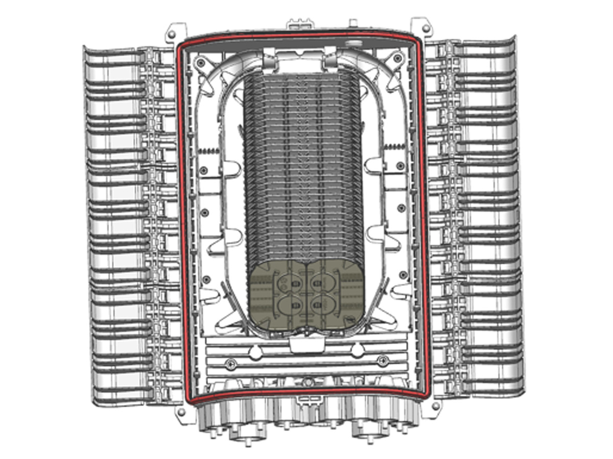 Point de distribution d'extrémité de taille 2 pour un câble express et jusqu'à 12 câbles de dérivation, pré-équipé de 30 chemins de câbles haute densité pour 720 épissures, pour fibre à faible rayon de perte de courbure.
