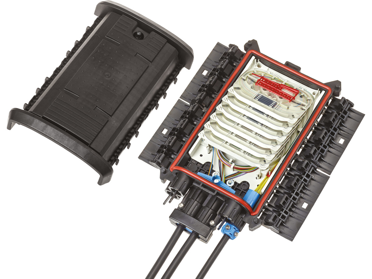Size 1 End Distribution Point with one express cable and 4 branch cables. Equipped with a 7 slots ramp organizer