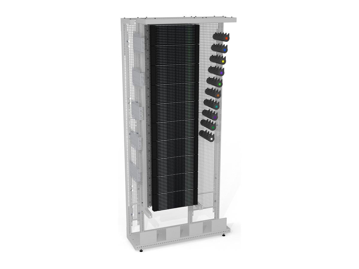 Ausgestattet, 2200 x 1050 x 300 mm, ohne Seiten- und Rückwänden, keine Türen, Gehäuse rechts im Rack, 40 x Centrix XL 1 HE, 108 SC APC-Ports, H-S, Crossconnect, unterer Kanal