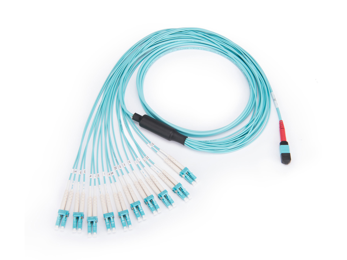 24 F MTP® (non-pinned) to 10x LC duplex, LSZH, OM4, Breakout polarity, LC duplex leg length of 36 in (L), 3 m