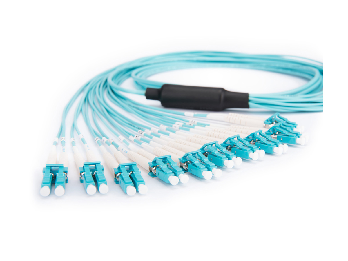 24 F MTP® (non-pinned) to 10x LC duplex, LSZH, OM4, Breakout polarity, LC duplex leg length of 36 in (L), 3 m