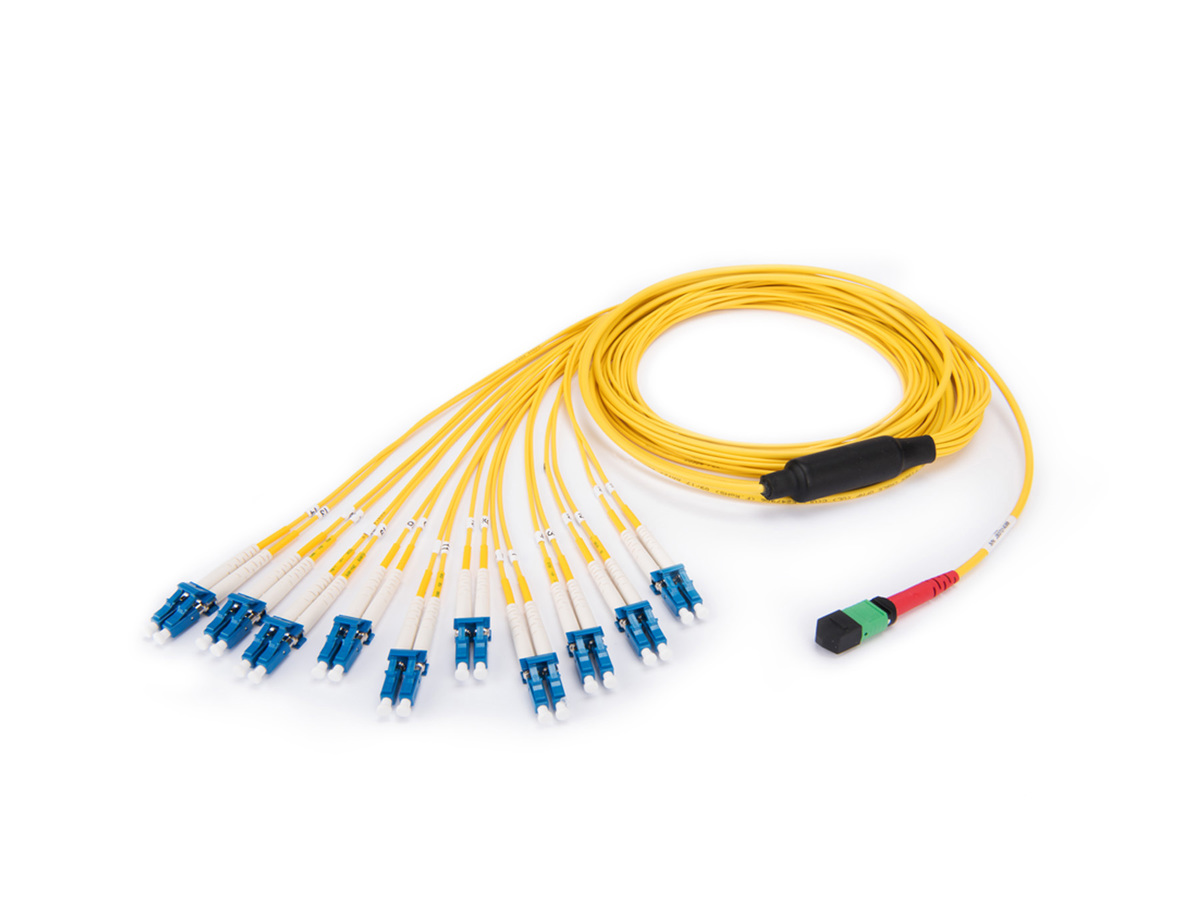 24 F MTP® (non-pinned) to 10x LC duplex, plenum, OS2, Breakout polarity, LC duplex leg length of 36 in (L), 3 m