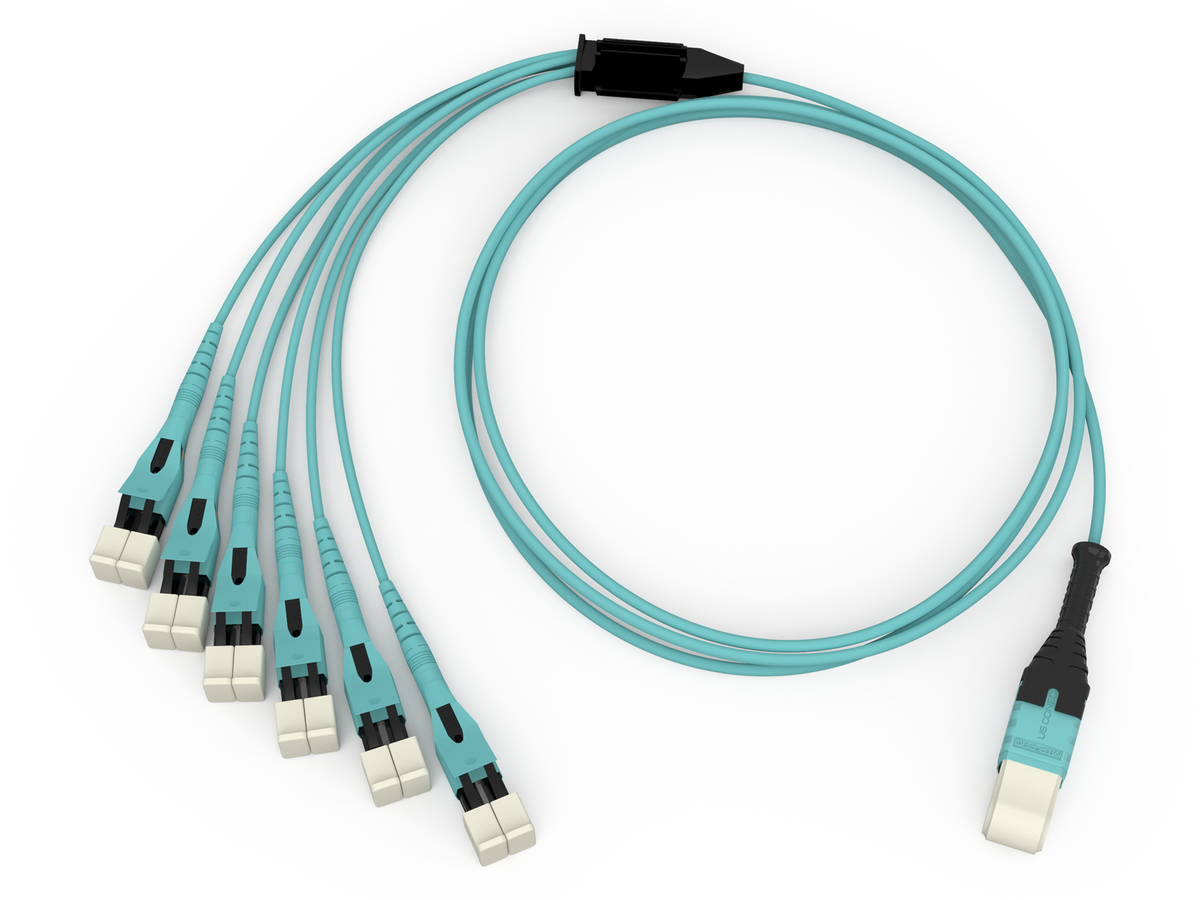 12 F, MTP® PRO to 6 LC Duplex Uniboot Connectors, Brocade 48K/DCX, M1 Stagger 2, 1.65 m