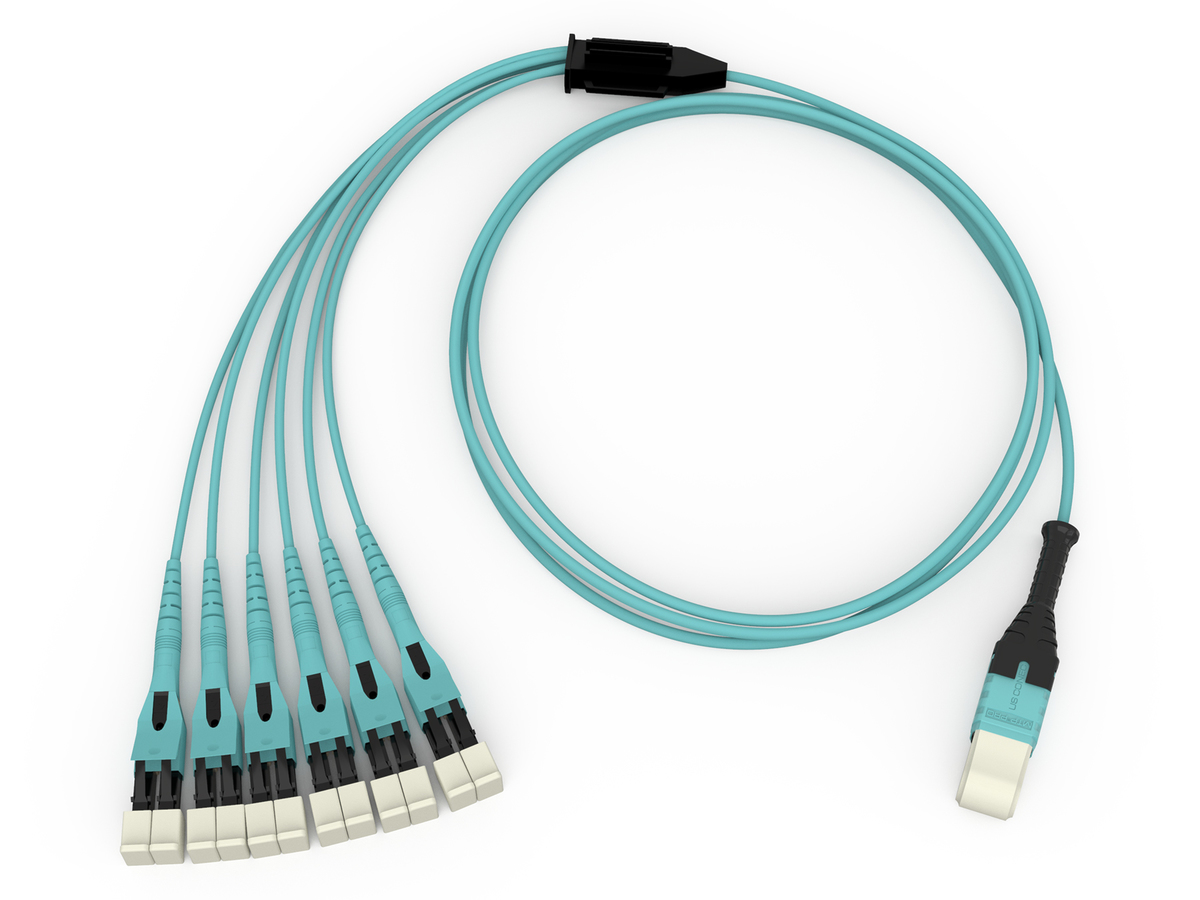 12 F, MTP® PRO to 6 LC Duplex Uniboot Connectors, Universal LC 150 mm Uniform, 1.65 m