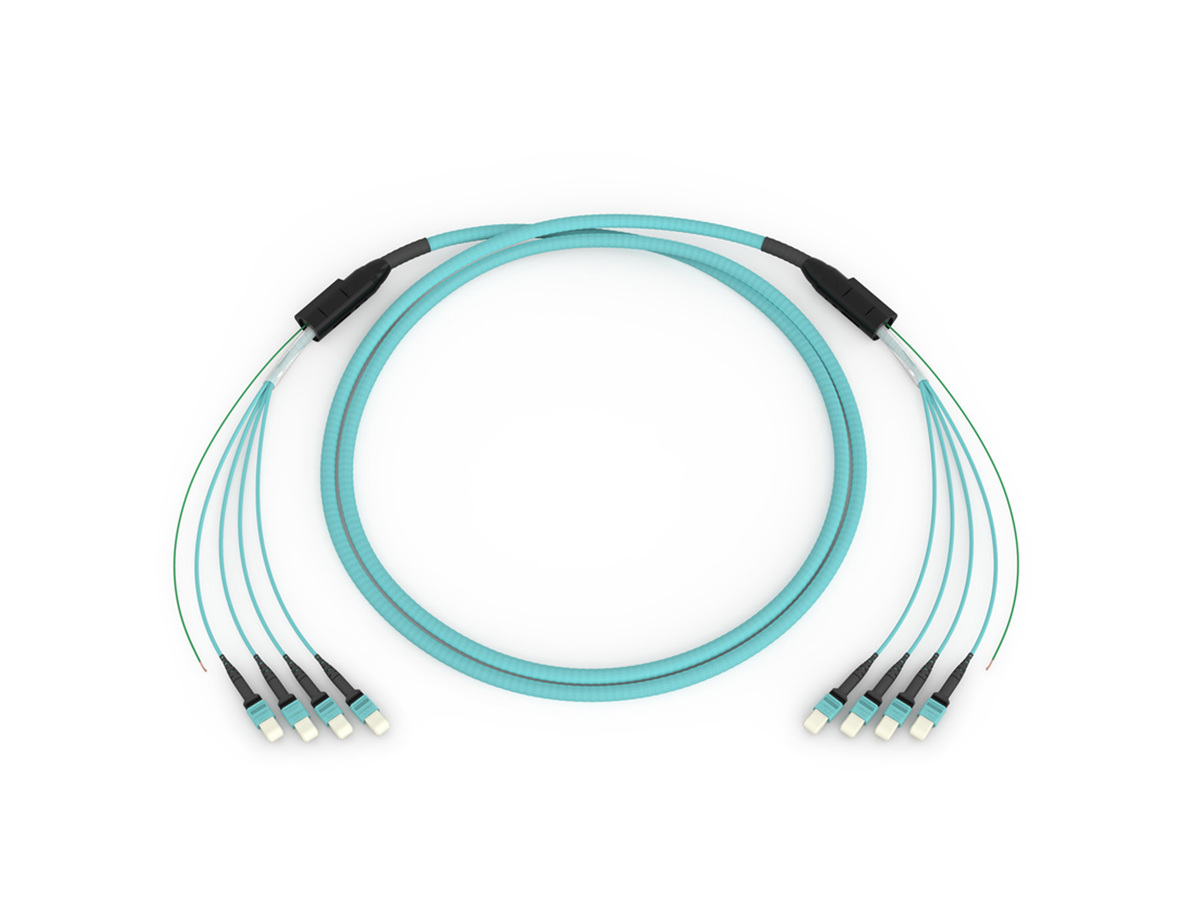 50 µm multimode (OM3), MTP® (non-pinned) to MTP (non-pinned) 96 F, with 33/33 in legs, pulling grip one side, 100 ft