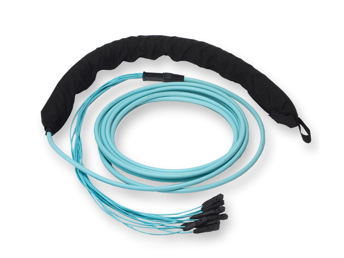 50 µm multimode (OM3), MTP® Connector to MTP Connector, 24 F, with 33/33 inch legs, pulling grip one side, 80 ft