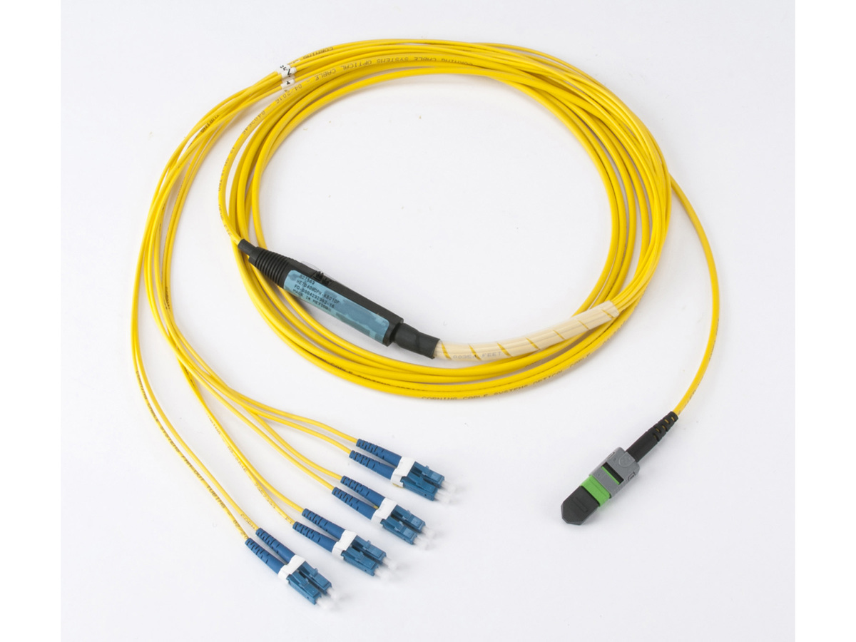 Bend-improved Single-mode (OS2), 8F MTP PRO (pinned) to LC Simplex, 8F, with 24 inch leg lengths, TIA-568 Type-B polarity, 10 ft