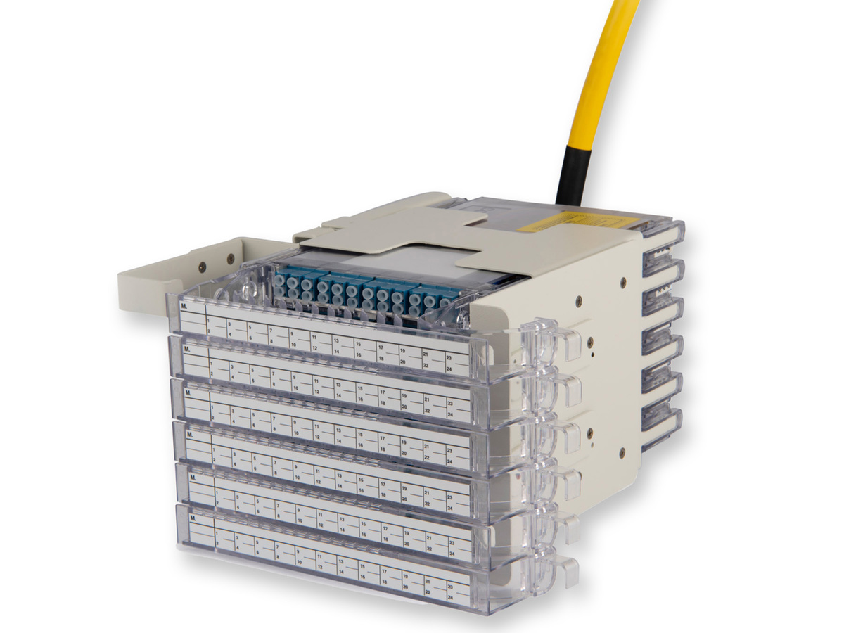 Left-Hand 144 F Stubbed Housing, Single-mode (OS2), LC UPC connectors, Ribbon Riser Gel-Free Cable, 175 m leg
