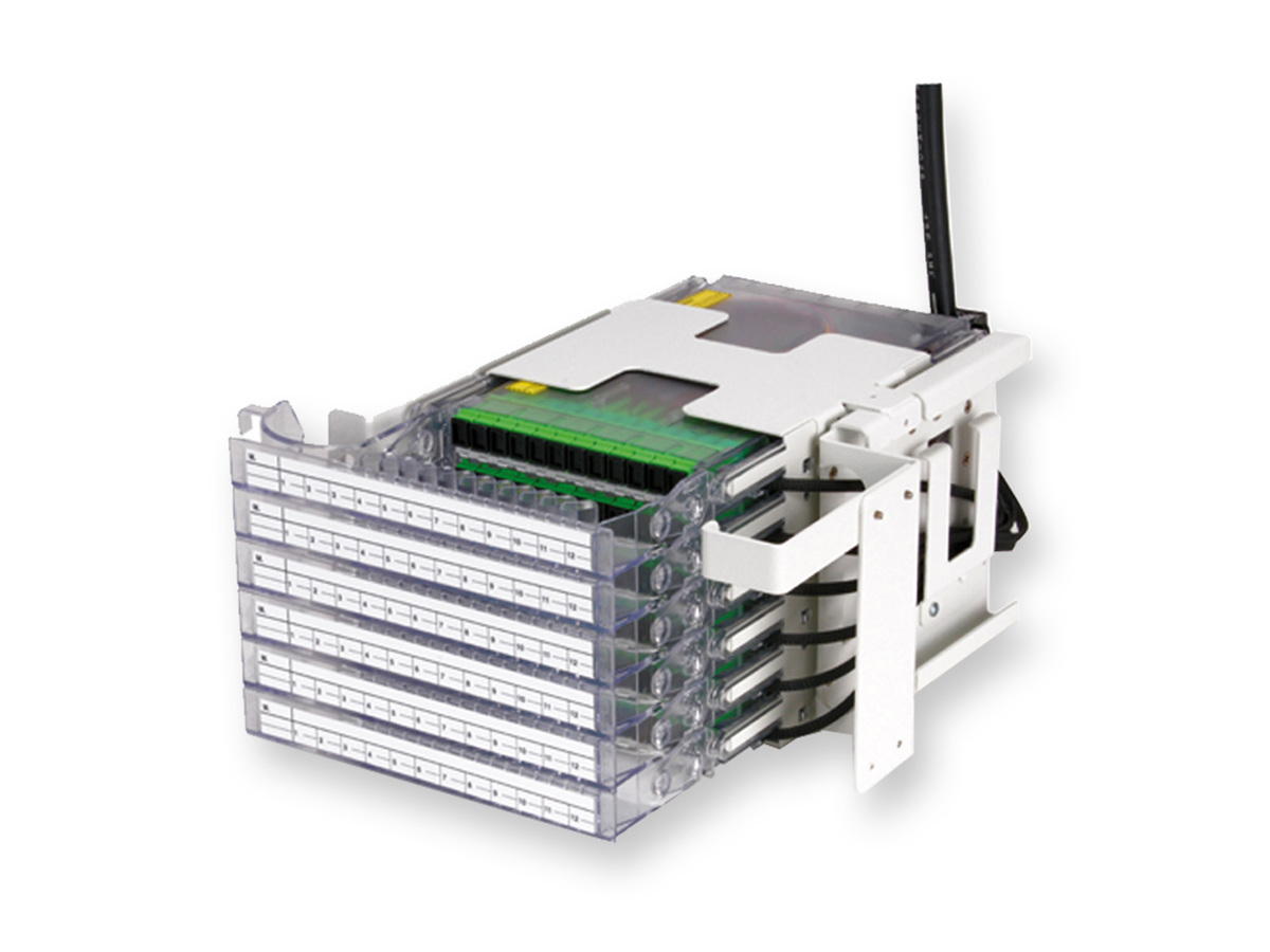 Left-hand 144 F Stubbed Housing, Single-mode (OS2), SC UPC connectors, Ribbon Riser Cable, 23 m leg
