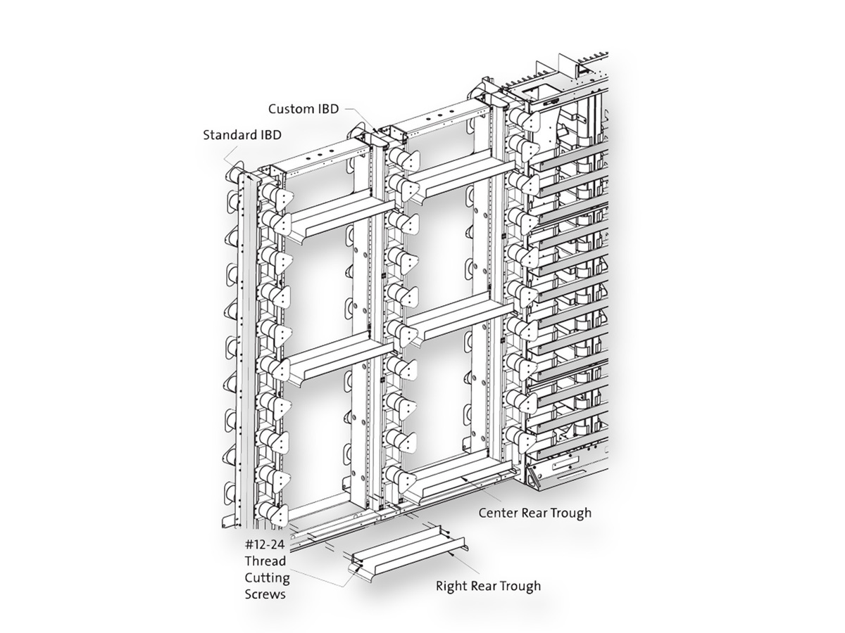 Transition inter-bay storage unit, used between EMF frames and traditional frames for alignment in the same aisle