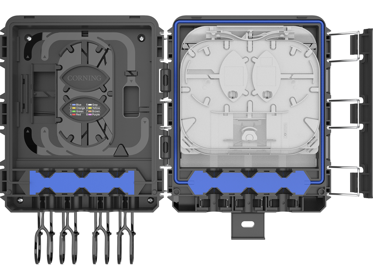 8x1 Fibre Pushlok® ports, with 1x1:8 Splitter, 2 splice trays for heat shrink protectors