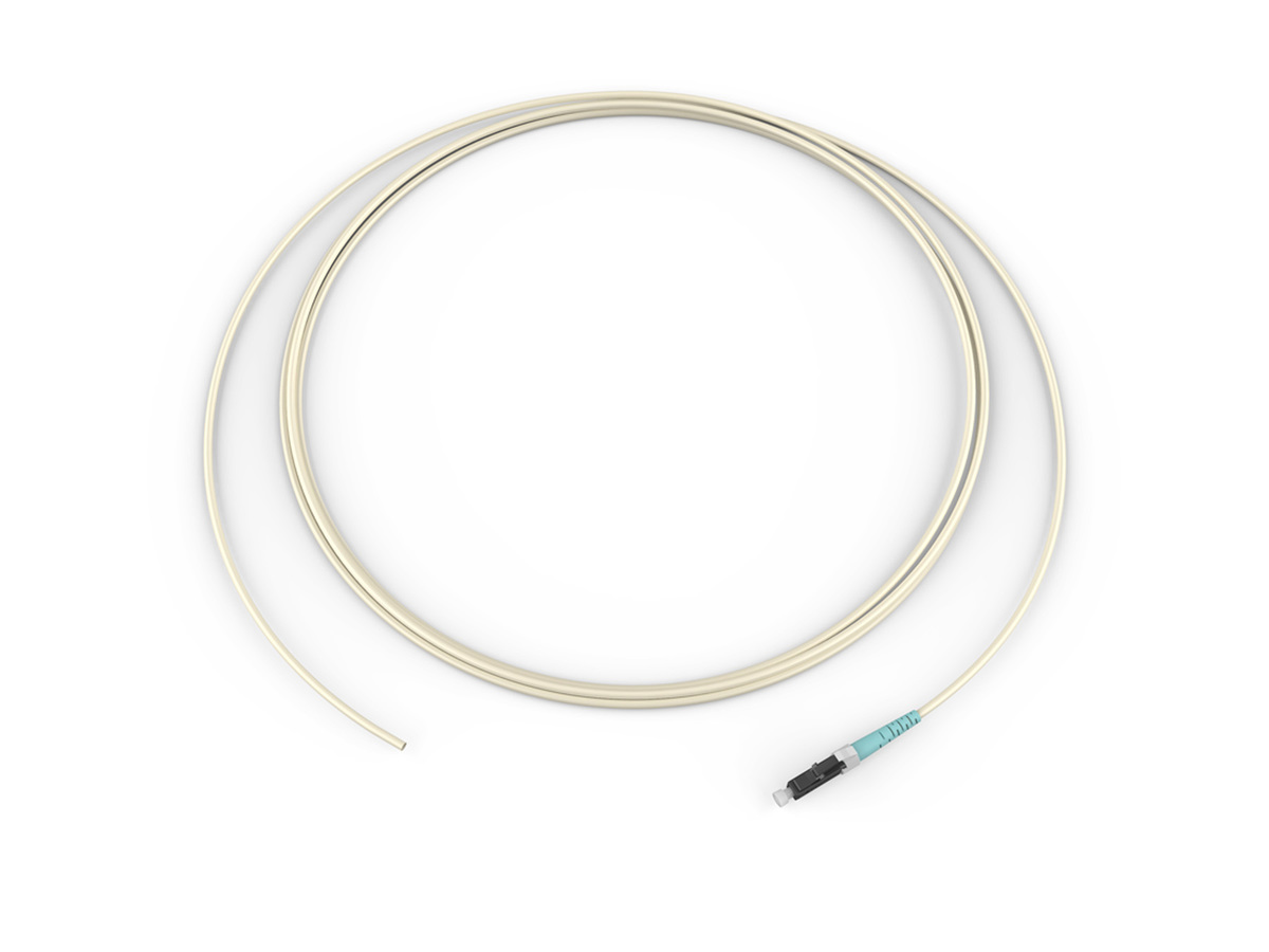 000301T4180002M | Fiber Optic Jumper, 1 F, Pigtail to LC, Tight-Buffered  Cable, Riser, 900 µm Standard Pigtail / Standard LC Simplex MM, OM3 50um,  1F, 900 Micron, Standard Natural Jacket 2 Meters | Corning