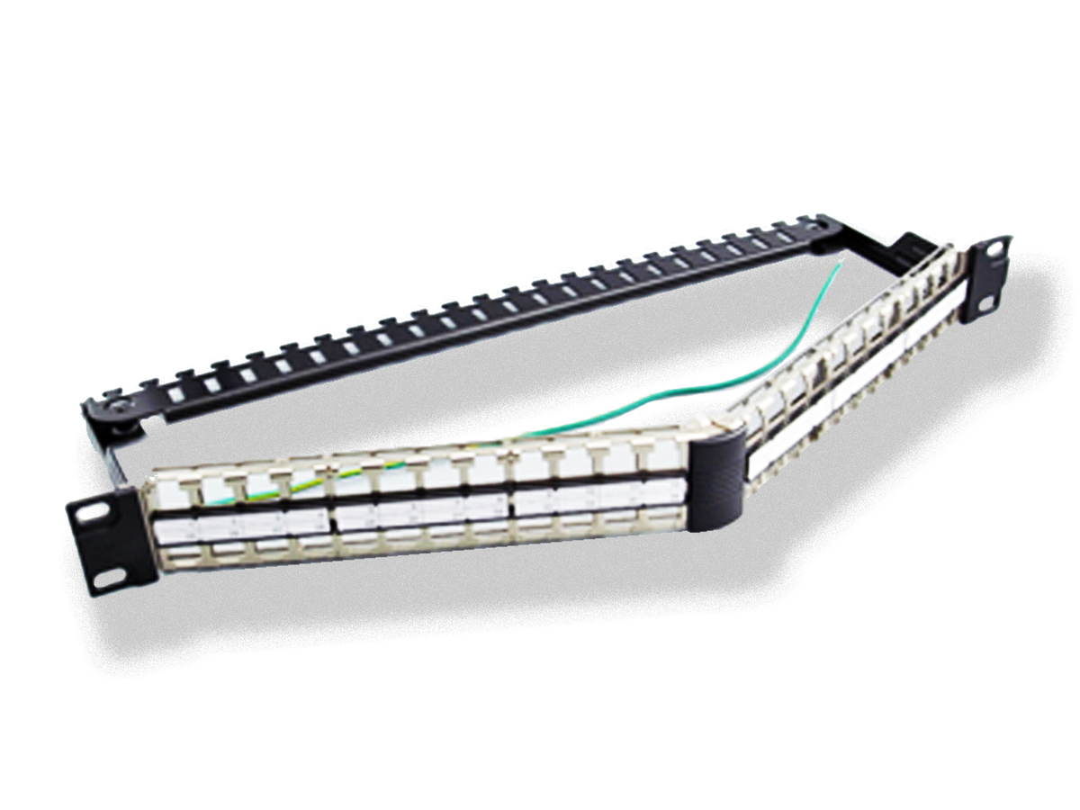 angled panel 19-inch 1U 48 ports, loaded with 48 jacks Category 6A STP