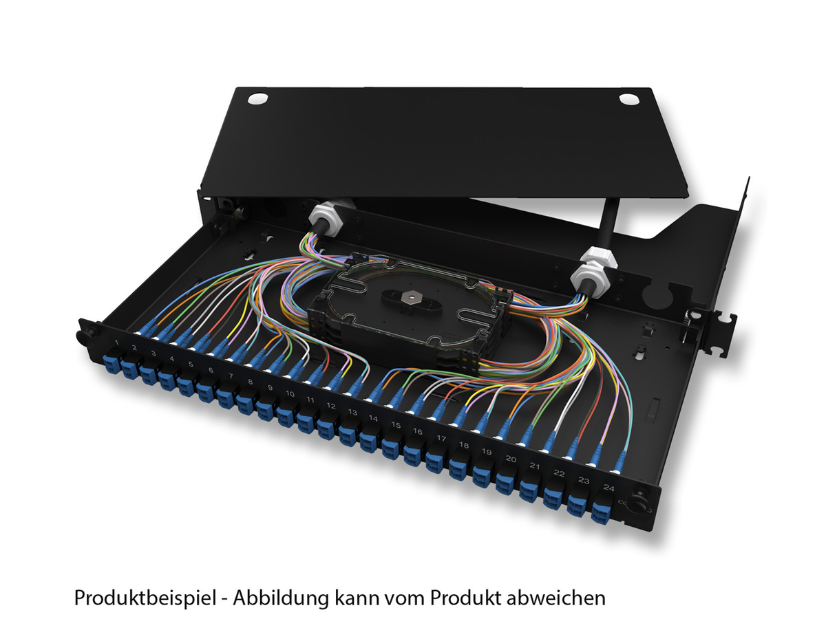 vorbestückt mit selbstschließenden LC UPC Duplex Adaptern und Pigtails, 24 Fasern, 1 HE, SMF-28® Ultra Faser, universelle Spleißpakete für Schrumpf-/Krimpspleißschutz, ohne Spleißschutz, schwarz