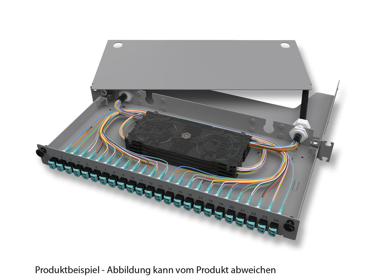 vorbestückt mit Pigtails, LC Duplex, 96 Fasern, 1 HE, Multimode OM3/OM4, MFT Spleißkassetten für Krimp, ohne Spleißschutz, grau
