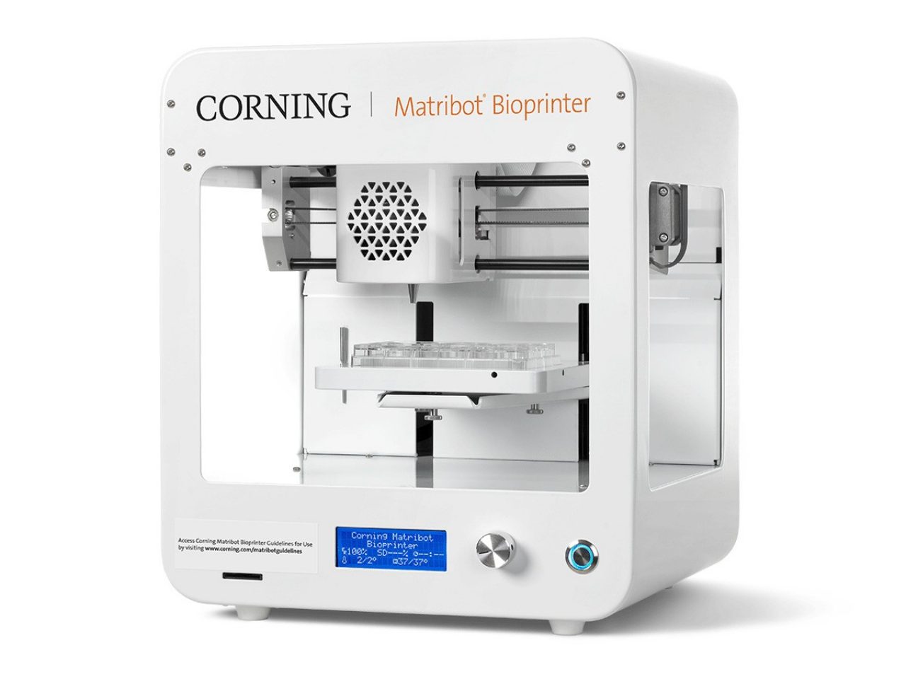 The Matribot printer–a box like printing machine with curved egdes on a white background.
