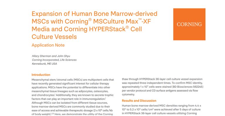Bone Marrow-derived Human Mesenchymal Stem Cell Production in Corning® HYPERStack® 36-layer Cell Culture Vessels