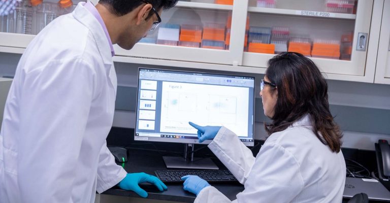 Two scientist working on a computer