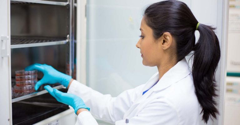 Scientist working with cell growth equipment