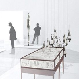 Illustration of silhouetted people viewing glass art in museum setting