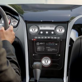 View of dashboard accented with glass from inside car