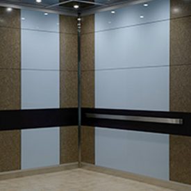 Inside SnapCab® elevator with brown-white, two-tone vertical pattern