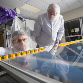 Technicians work with glass on large table in lab setting