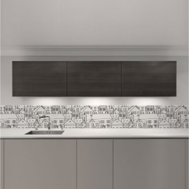 City-patterned glass laminate covers backsplash level around kitchen walls