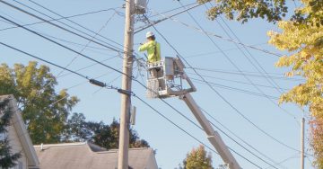 Man working on electrical pole