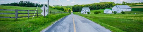 country road with green grass and barns