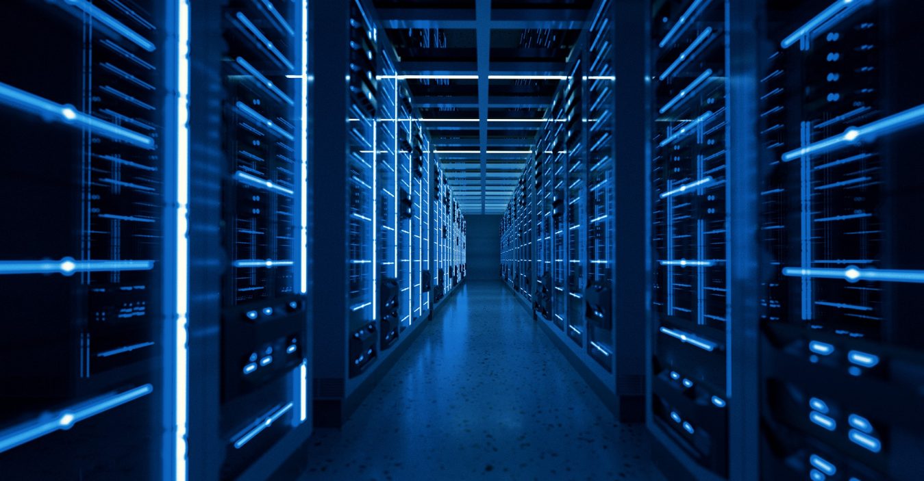 Data center corridor with server racks