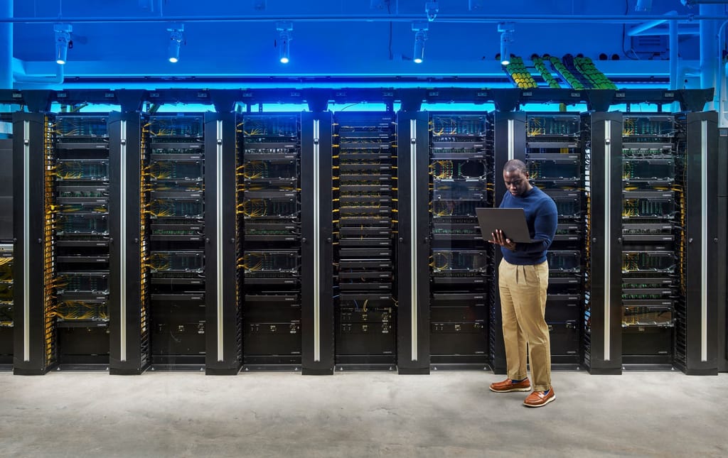 A Corning engineer with a laptop in a hyperscale data center