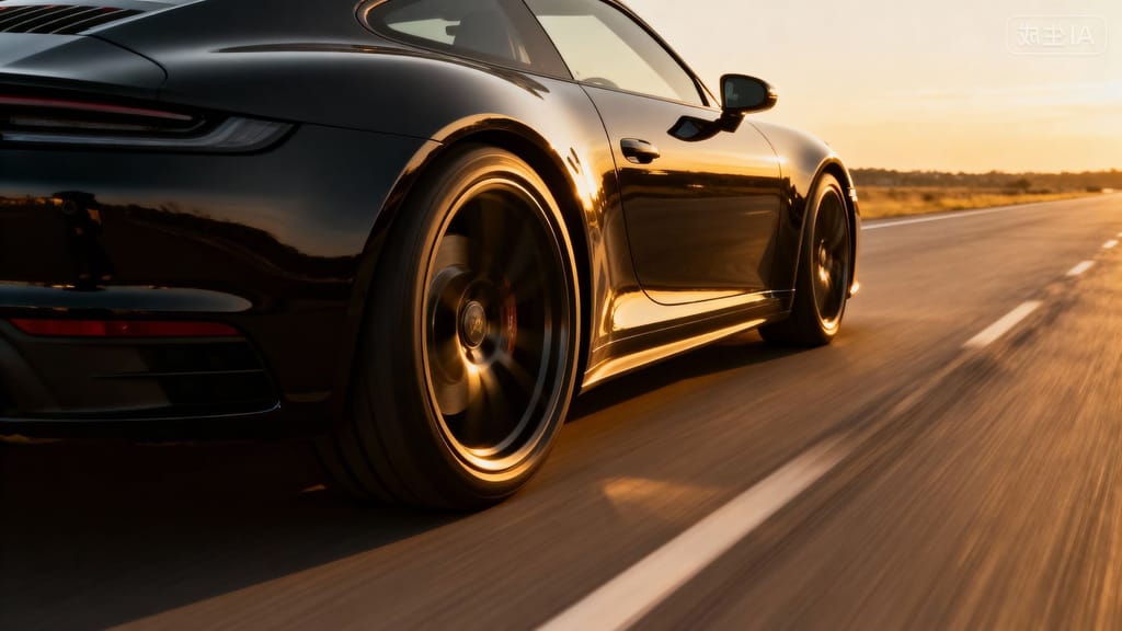 A black Porsche 911 in motion at sunset on an open road