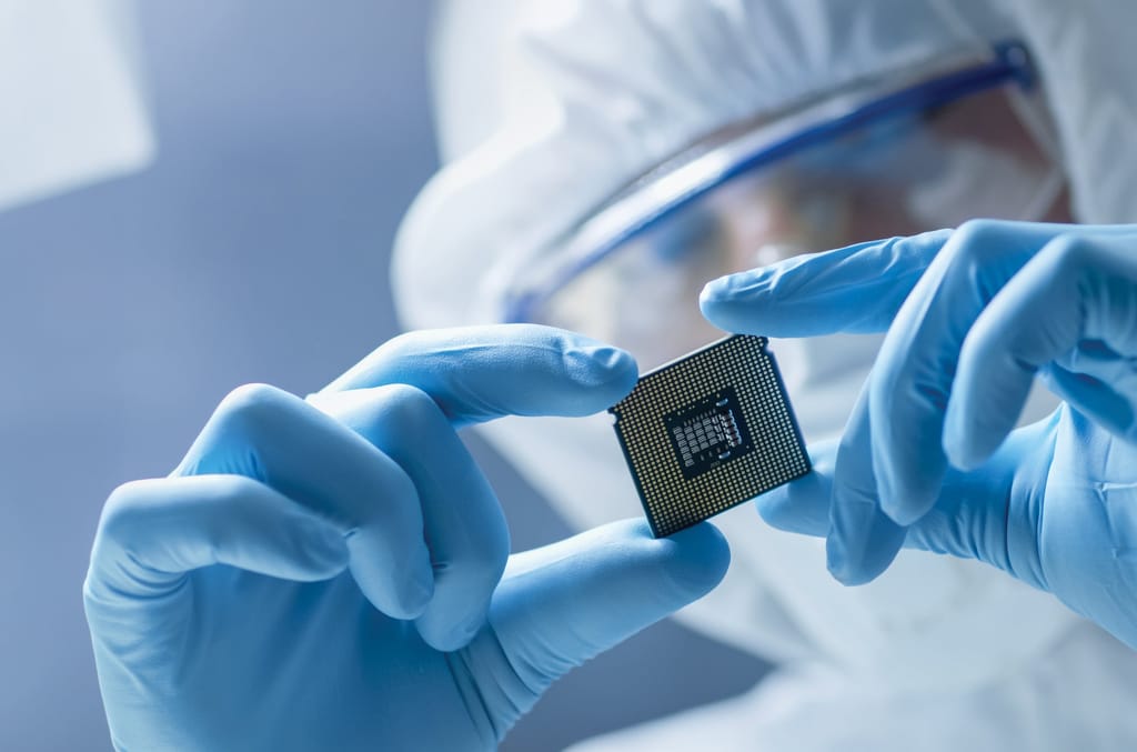 A gloved technician in cleanroom PPE holding a microchip up between their fingers