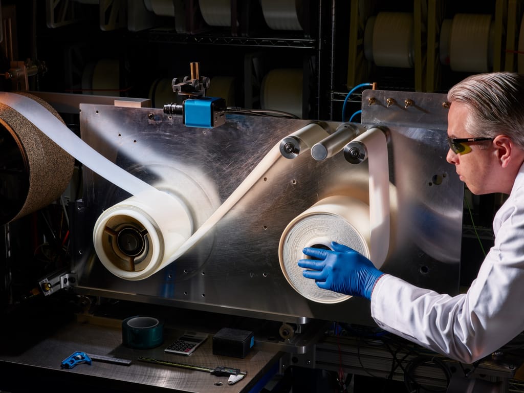 A Corning scientist in safety glasses examining a glass-ceramics manufacturing process in a dark lab